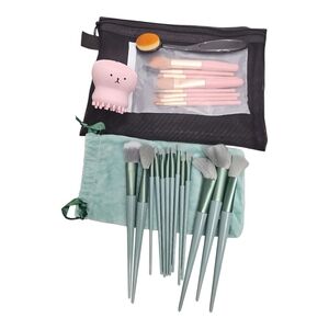 New Makeup Brush Sets, Cleaner, Foundation Brush, Bags -22 Pieces Pink‎ & Green